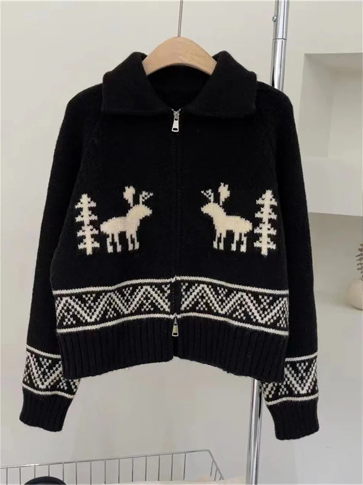 Hsa Vintage Argyle Oversize Christmas Sweater Cardigans Women Harajuku Sweet Deer Thick Y2k Tops Autumn Winter Clothes