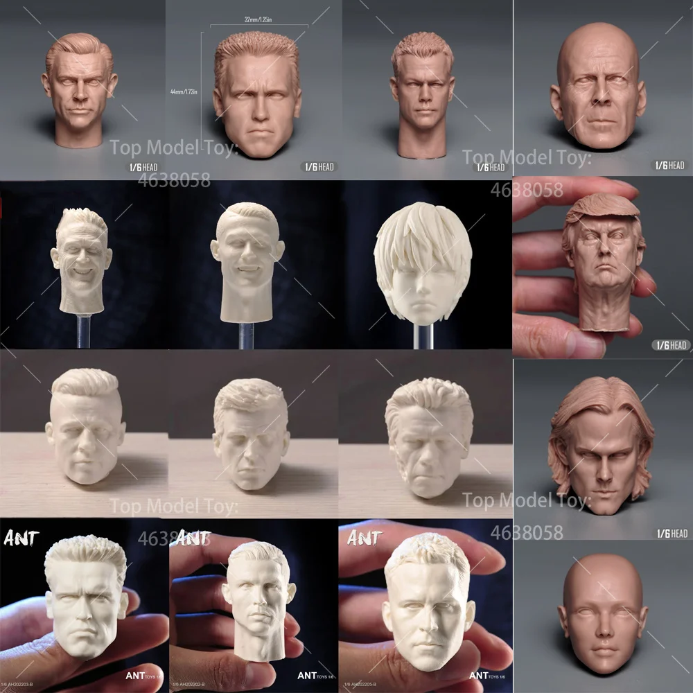 Unpainted 1/6 Schwarzenegger Kylin Zhang Brad Pitt Ronaldo White Wolf Geralt Head Sculpt Fit 12\'\' Soldier Action Figure Body