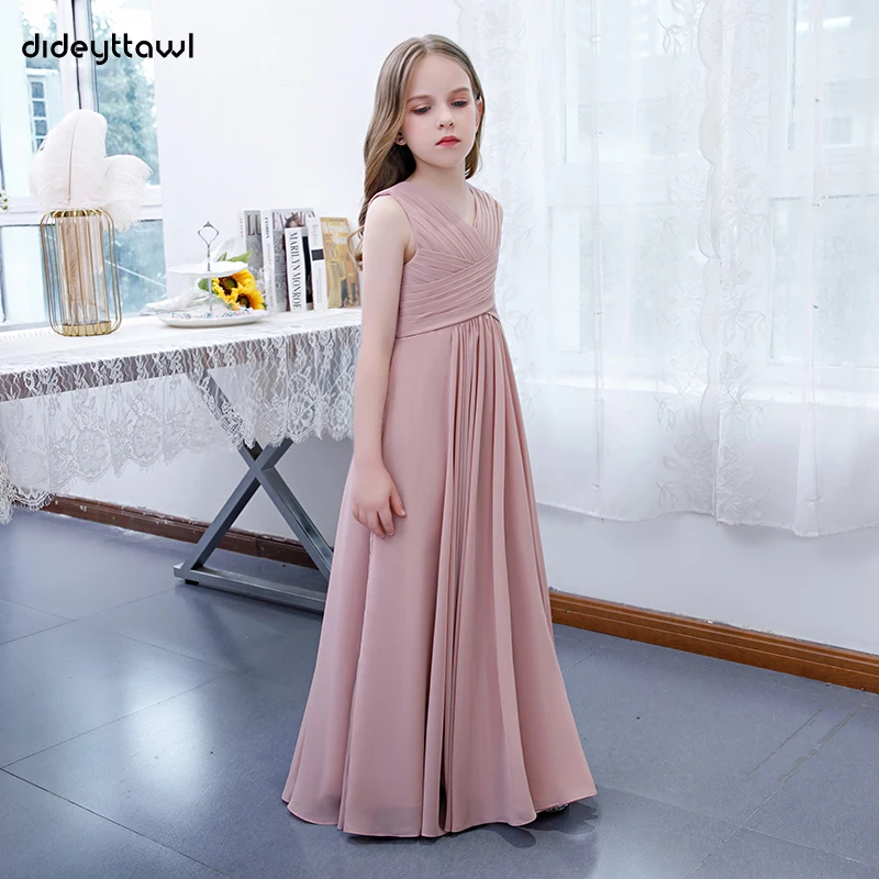 Dideymywl-vestido de chiffon plissado para meninas, simples cruzado com decote em v, vestido longo sem mangas, primeira comunhão