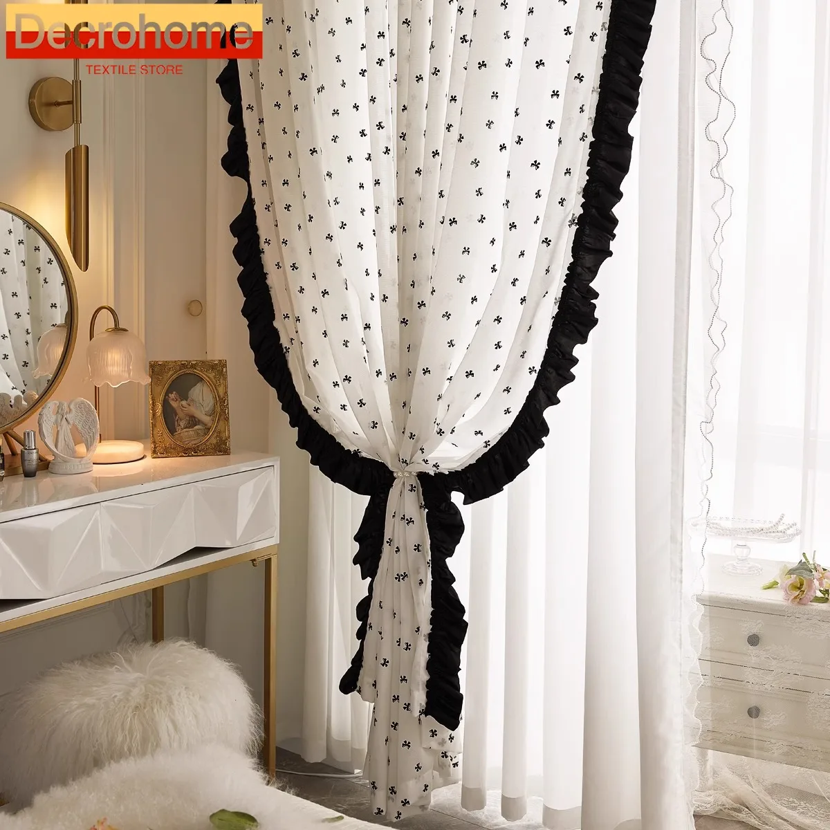 

French Ink White Bow Mesh Curtain Window Screen Curtains for Living Room Bedroom Float Window Balcony Finished Product