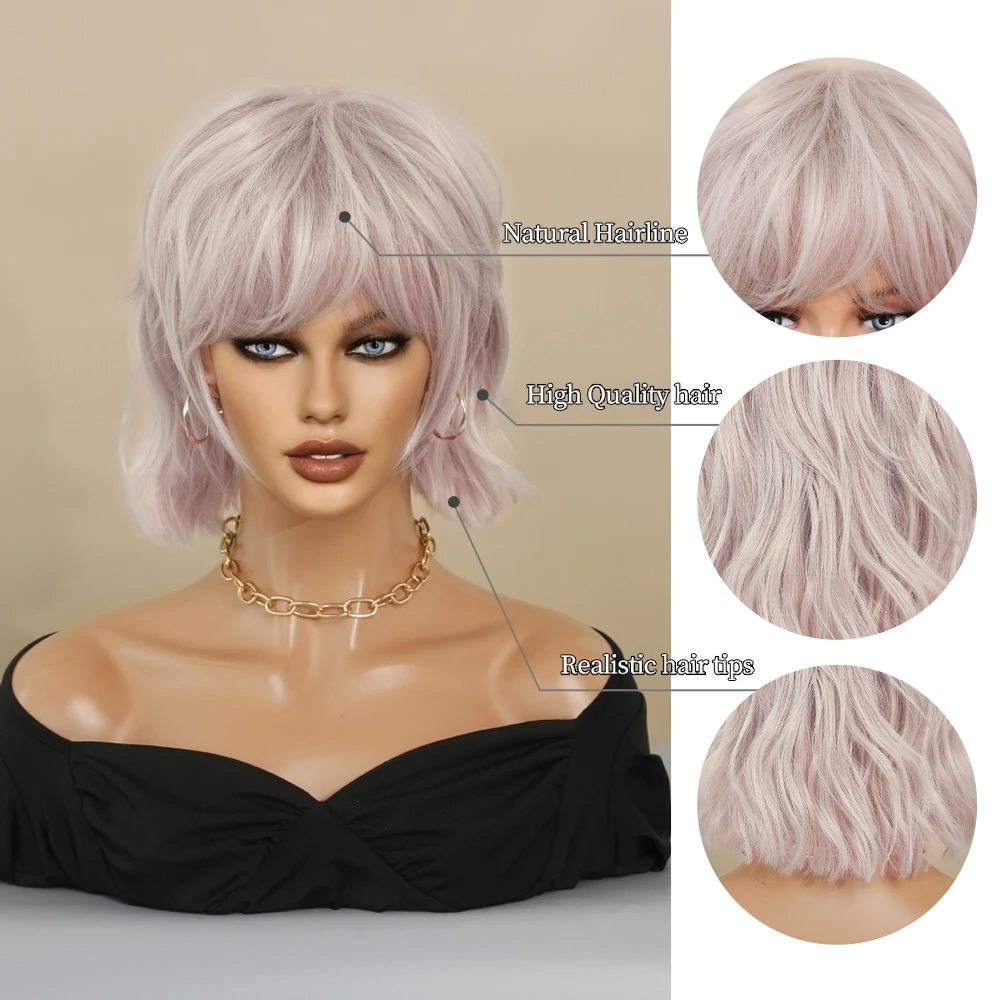 Pink Silver Short Wigs for Black Women Cut Layer Straight Hair Bob Wig with Bangs Synthetic Wigs Party Daily Use Heat Resistant