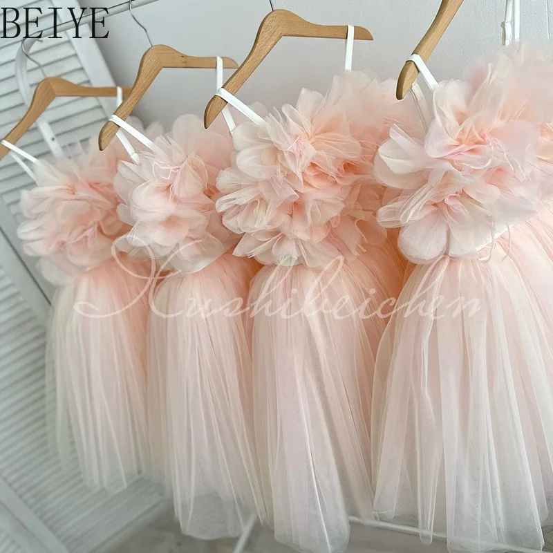 Toddler Girls Romantic Ruffled Flower Camisole Dress Voluminous Tiered Tulle Tutu Dress Elegant Flower Girl Photo Shoot Outfit