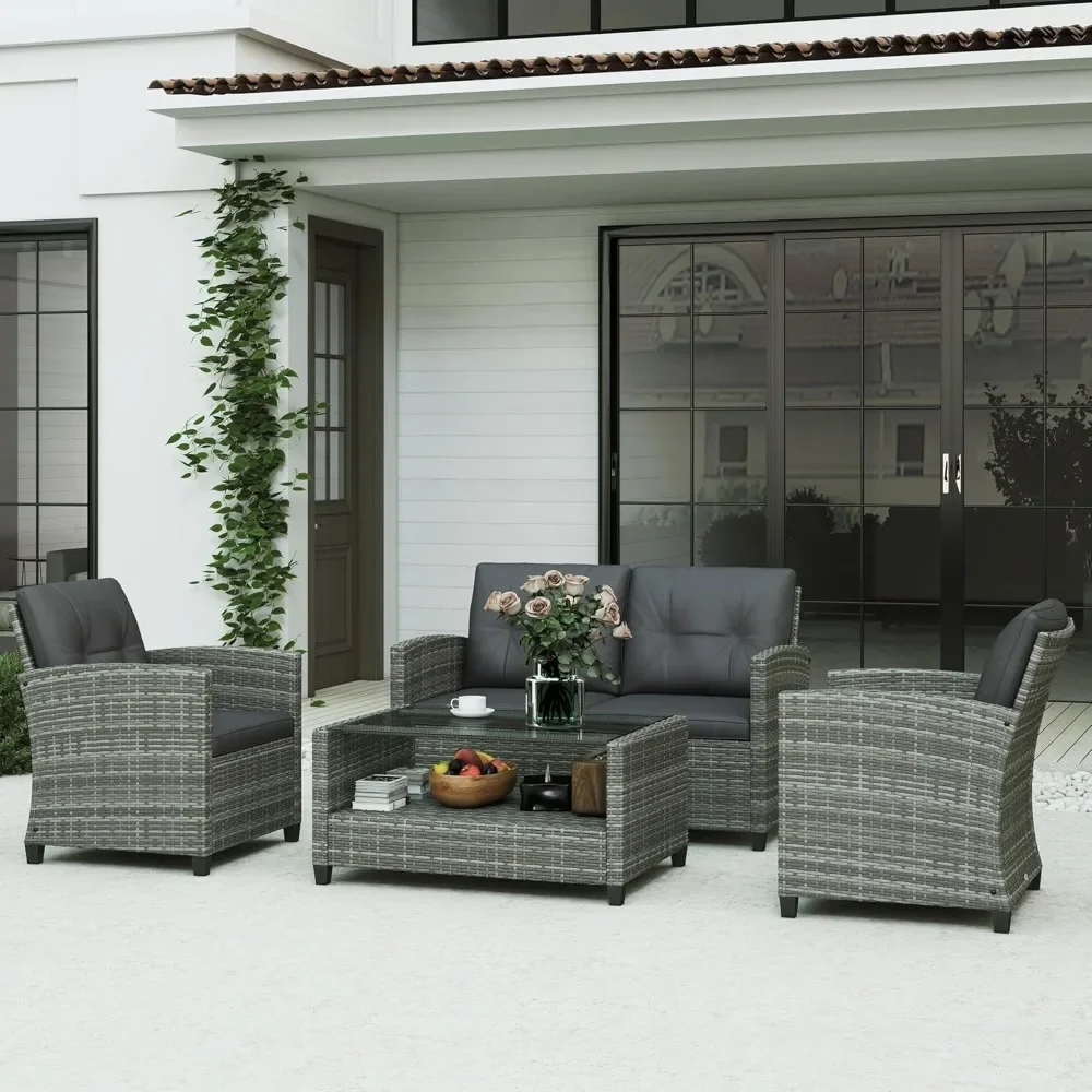 4-Piece Patio Furniture Set with Cushions, PE Rattan Wicker Conversation Chairs, Two Levels Coffee Table for Garden, Charcoal