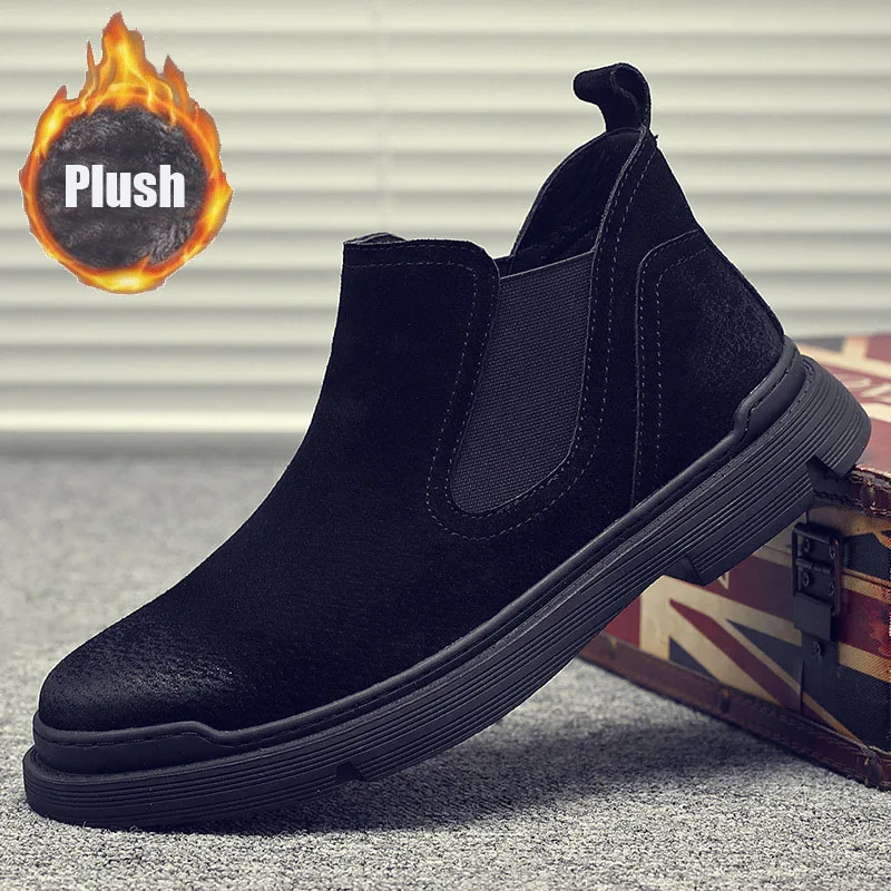 2024 Shoes for Men Autumn Winter Boots Street Classical Suede Genuine Leather Casual Shoes Man Slip-on Plush Chelsea Boots