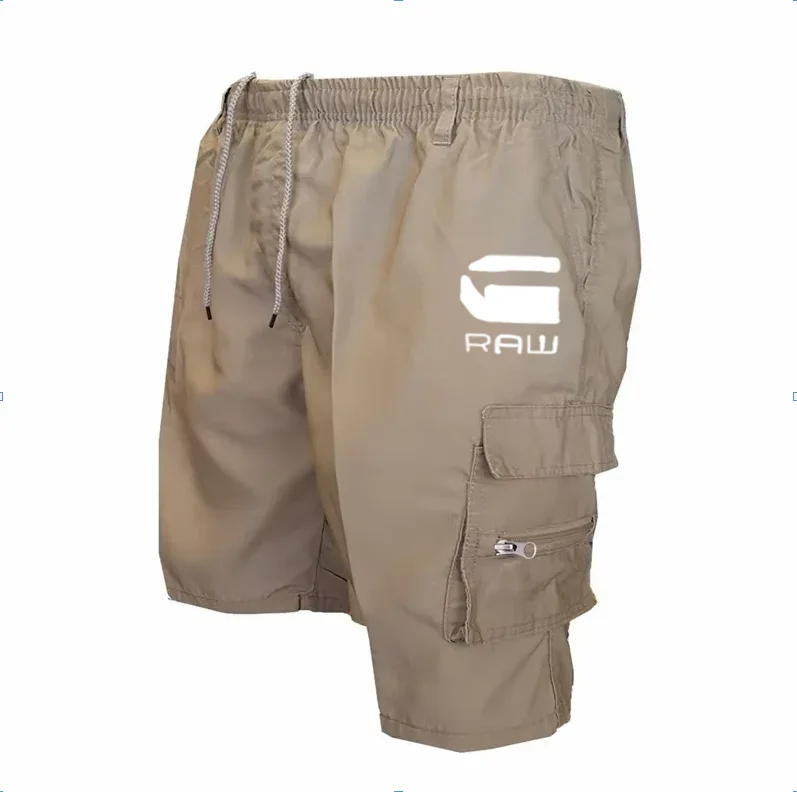 Printed Cargo Shorts, Summer Workwear, Camping Shorts with Multiple Pockets, Streetwear, Car Logo Printed Outdoor Workwear