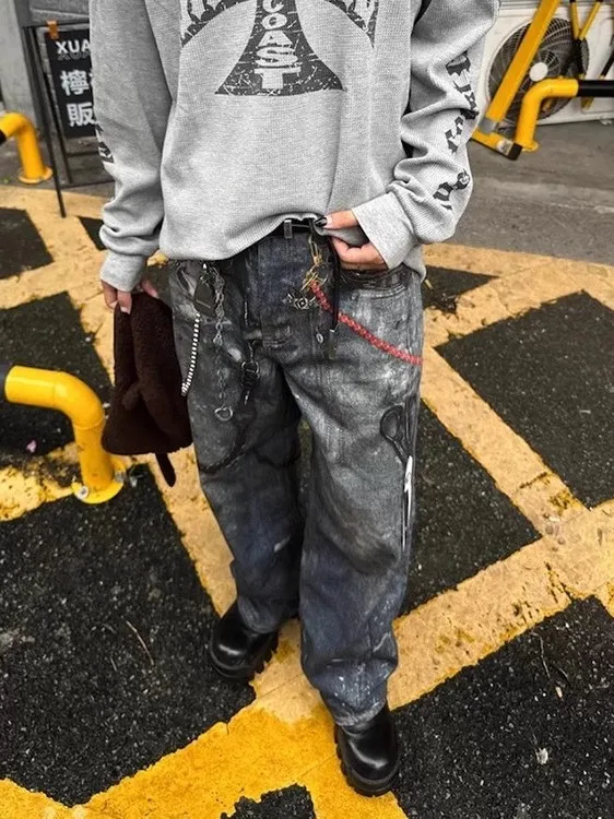 

Мужские джинсы American High Street Digital с 3D-принтом и цепочкой, винтажные, уличные, повседневные, прямого кроя, свободные