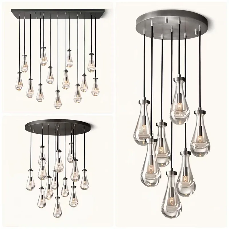 

American-style LED living room ceiling chandelier, water drop glass lustre, dimmable, suitable for dining room decoration