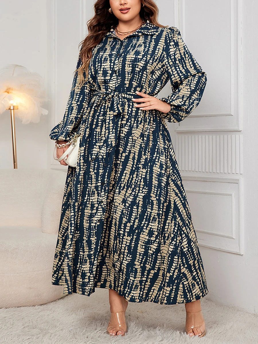 Women s Plus Size Floral Print V-Neck Long Sleeve Maxi Dress with Belt and Pockets for Spring and Summer