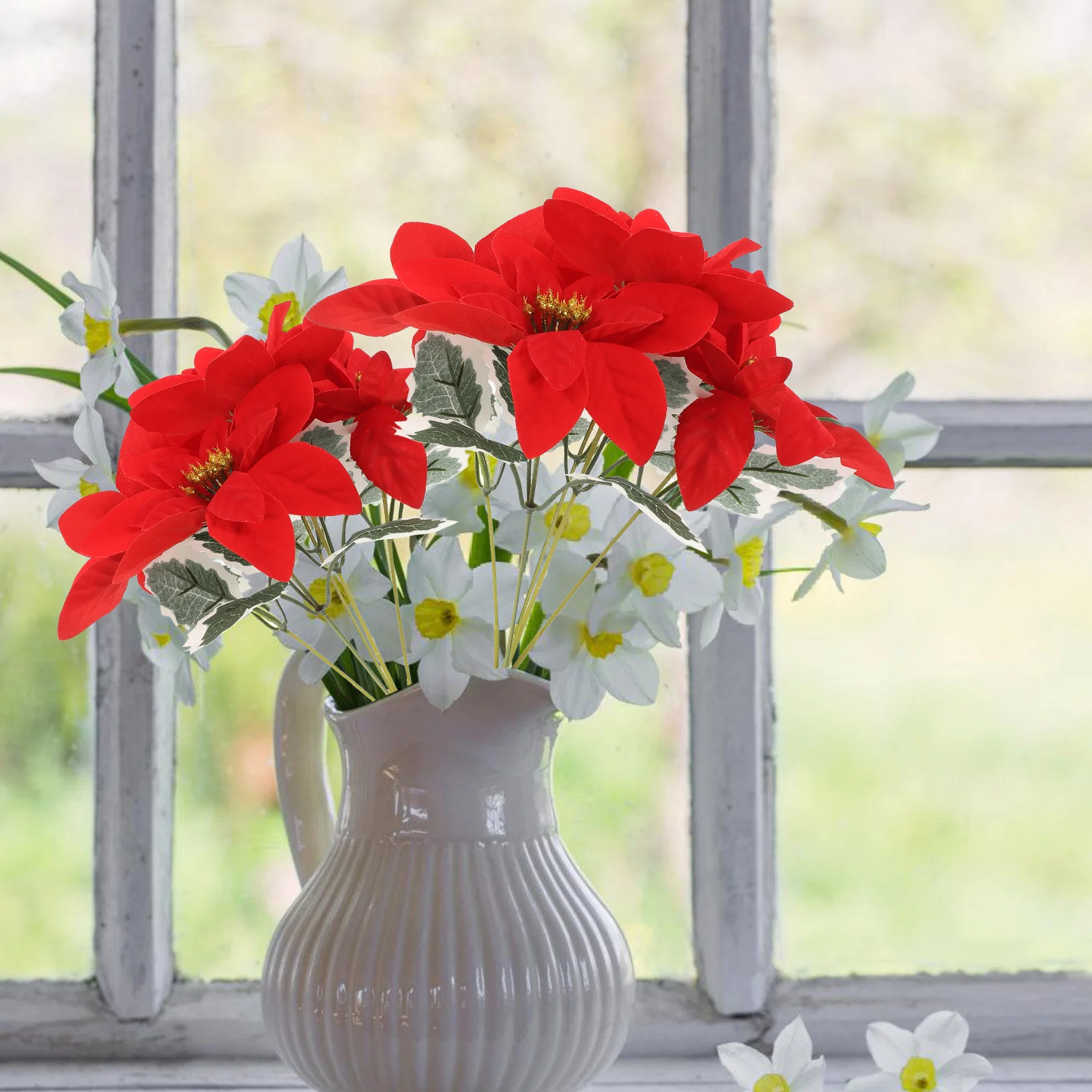 

4pcs Red Poinsettia Artificial Flowers Bouquet For Xmas Decor Table Centerpiece Holiday Home Wedding Winter Garden Indoor