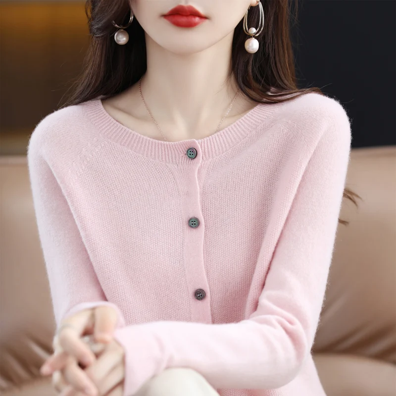 100% Cashmere Wool Cardigan Blouse Wide Long Sleeve Knitted Jacket Soft Warm O-Neck Elasticity Sweater Femal Coat