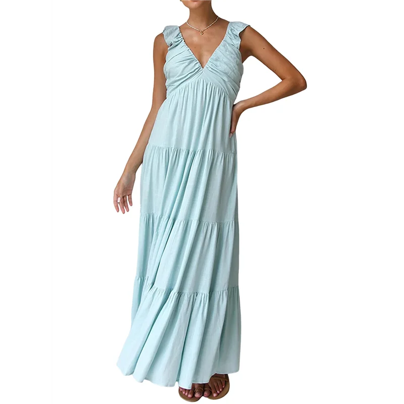ABRT-Women's Summer Flowy Maxi Dress Casual Sleeveless V Neck Smocked Beach Sundress