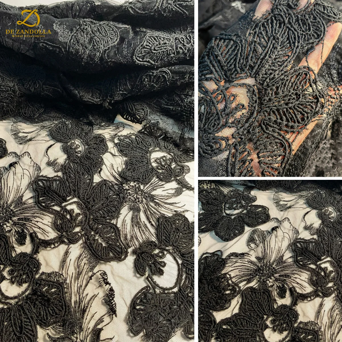 

De Zandolla Black Luxury Wedding Embroidered Lace Fabric 3D Tulle Sewing Lace Bridal Party Prom Fabric 120cm Width by 1 yard