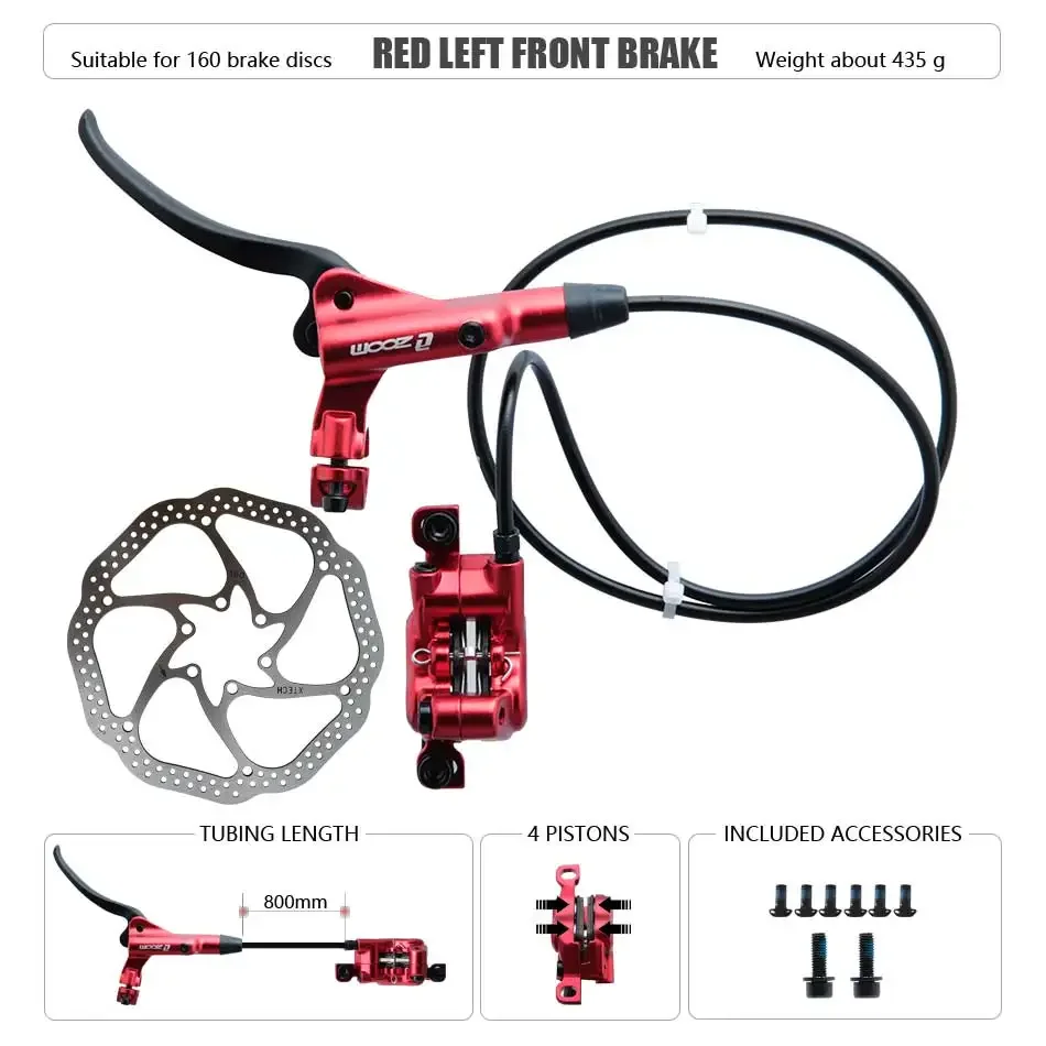 Zoom HB-876 4 Zuiger Opvouwbare Mountainbike Schijf Hydraulische Rem Set Voor 800 Achter 1400 Mm Mtb Fiets Kramp Rode Fietsonderdelen