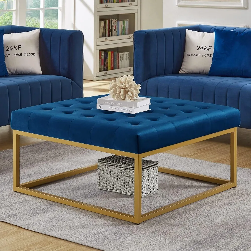 

Middle Century Upholstered Tufted Coffee Table with Velvet Padded Seat, Large Square Ottoman with Golden Metal Frame -Navy