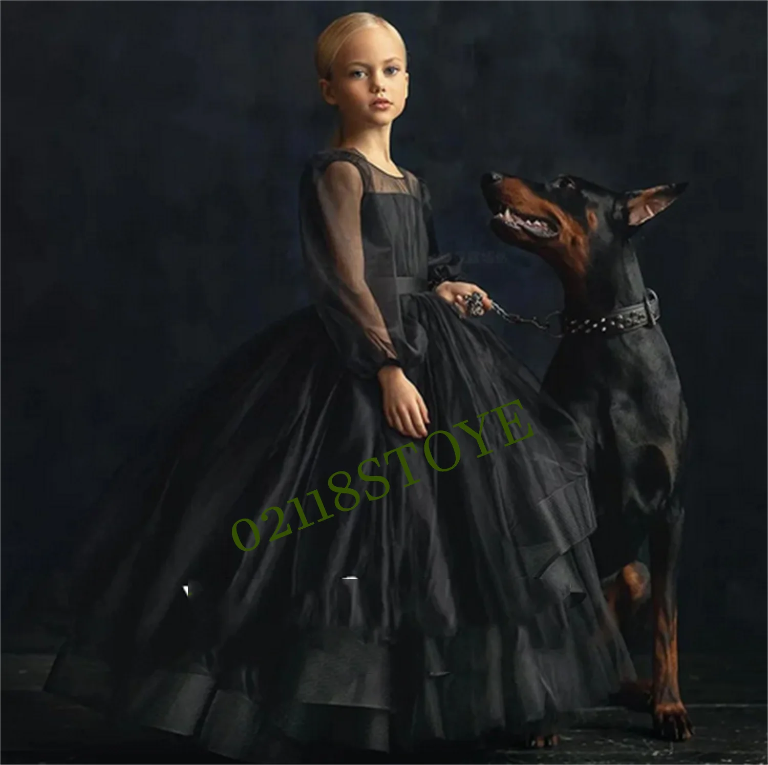 

Black Flower Girls Dresses 2023 O-Neck Illusion A-Line Luxury Kids Wedding Party Dress Full Sleeves Tulle Long Child Bridel Gown