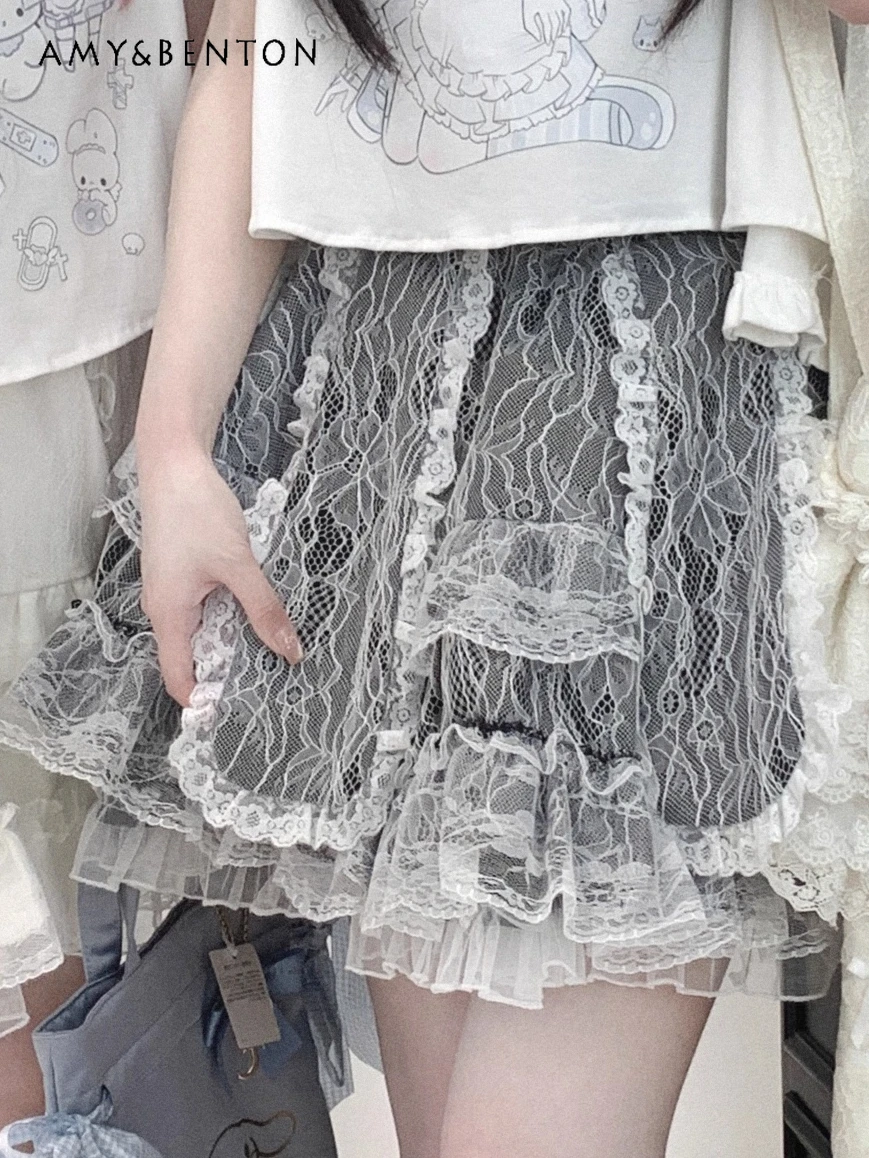 

Rabbit Ear Double Layer Lace Ball Gown Skirt Women Summer Sweet Cute High Waist Slimming Mini Skirt Japanese Style Kawaii Skirts
