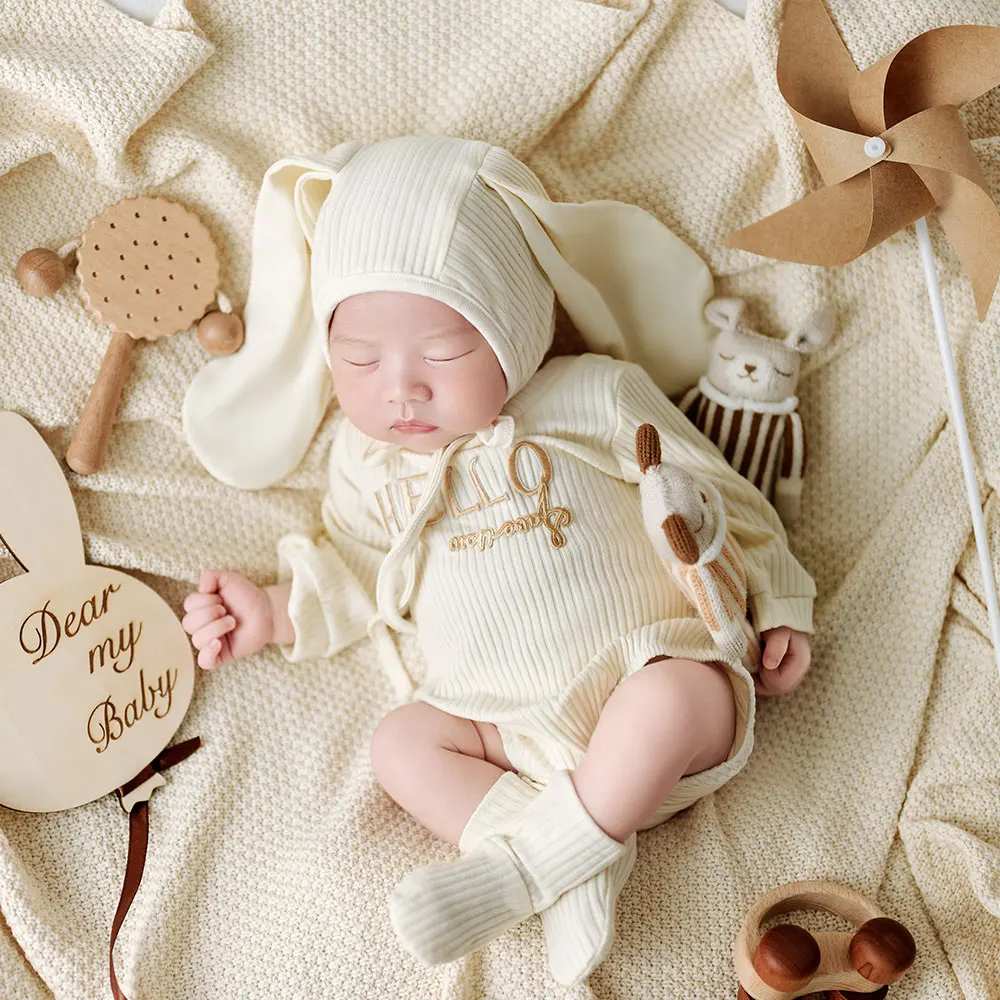 Accesorio de fotografía para recién nacido de 0 a 1 mes, traje de bebé tejido con tema crema Ins con sombrero de conejito a juego, accesorios para disparar