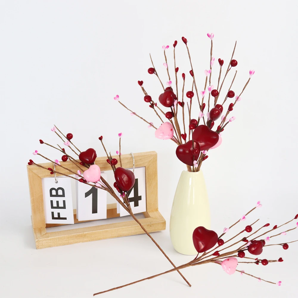 4 Stück künstliche rote und rosa Herz-Beerenstiele, handgefertigte DIY-Blumenpicks, Valentinstag, Vase, Tischplatte, Zuhause, Partydekorationen