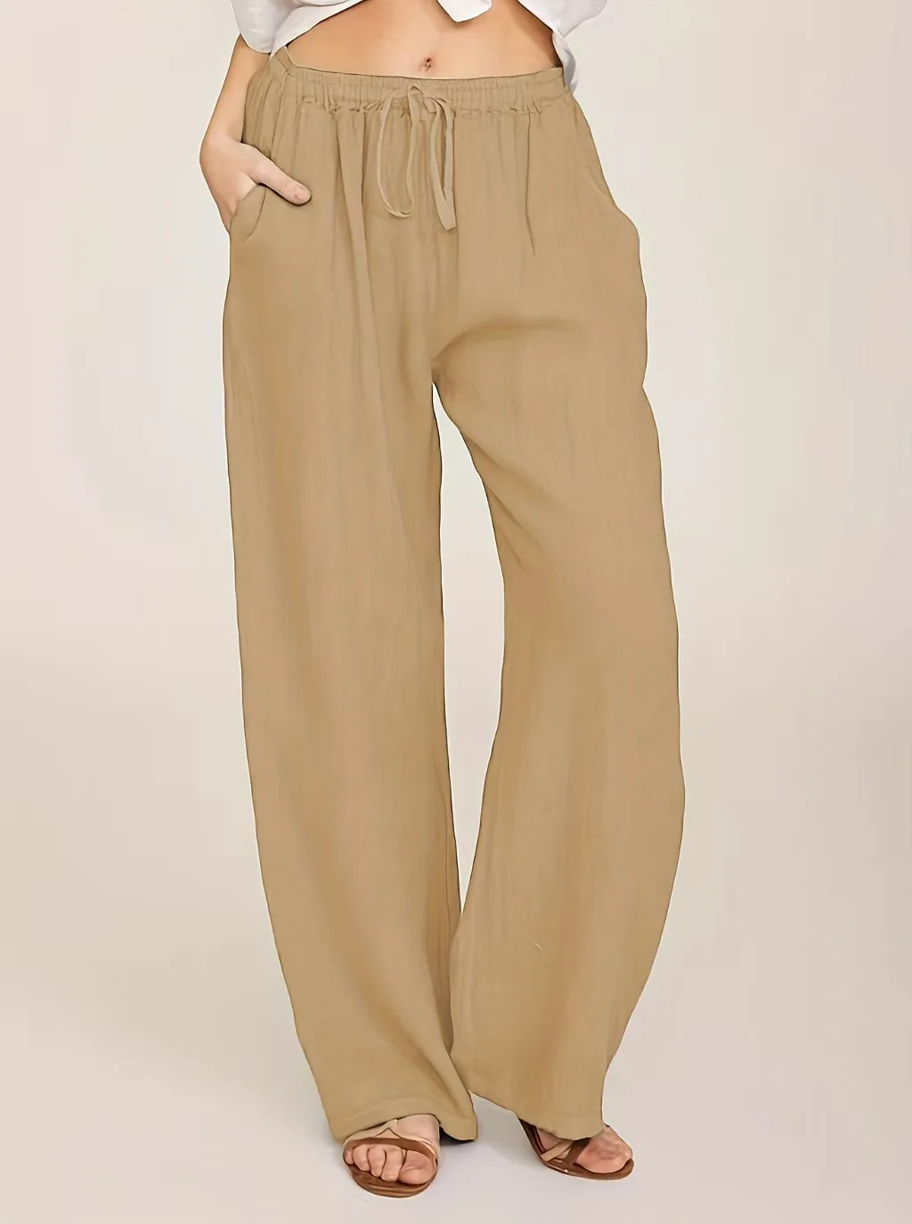 

Модные свободные повседневные брюки из хлопка и льна для женщин, летние универсальные драпированные прямые брюки, свободные широкие длинные брюки