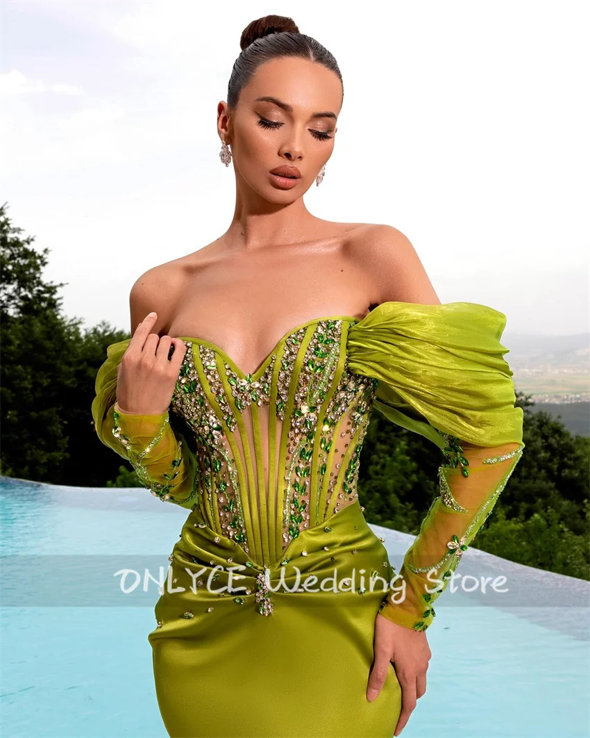 Elegant Mermaid Olive Green Party Formal Evening Gowns With Two Gloves Beaded Crystals Wedding Party Prom Gowns