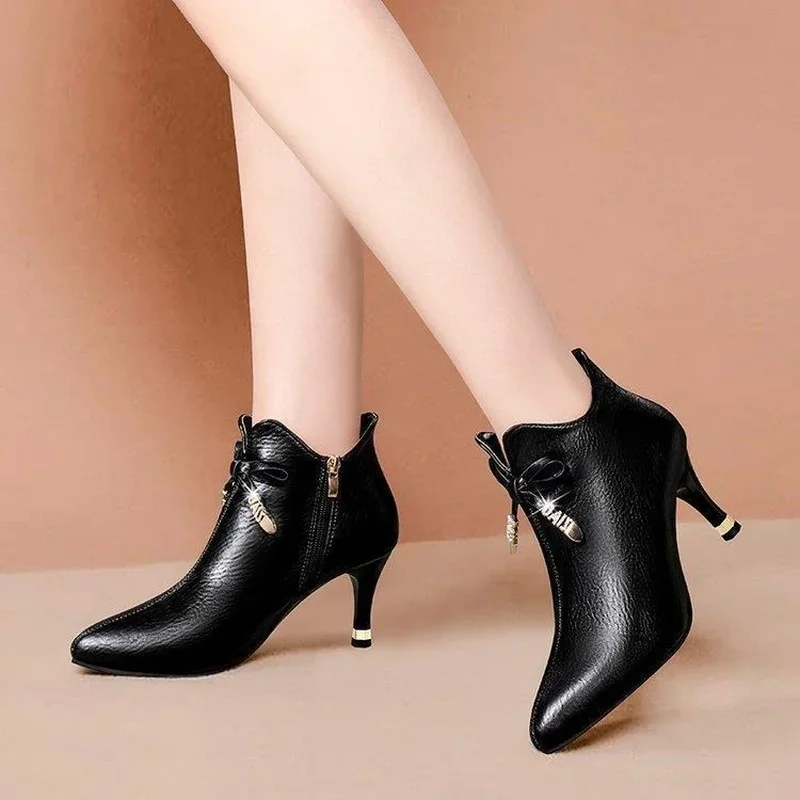 

Women Sexy Pointed Toe High Heels Ankle Boots Autumn Winter Warm Short Plush Booties Woman Bowtie Zipper Botas Zapato De Tacón