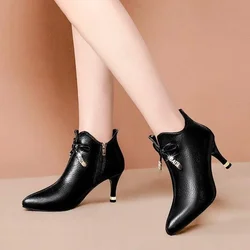 Kobiety Sexy Pointed Toe High Heels Ankle Boots Autumn Winter Warm Short Plush Booties Woman Bowtie Zipper Botas Zapato De Tacón