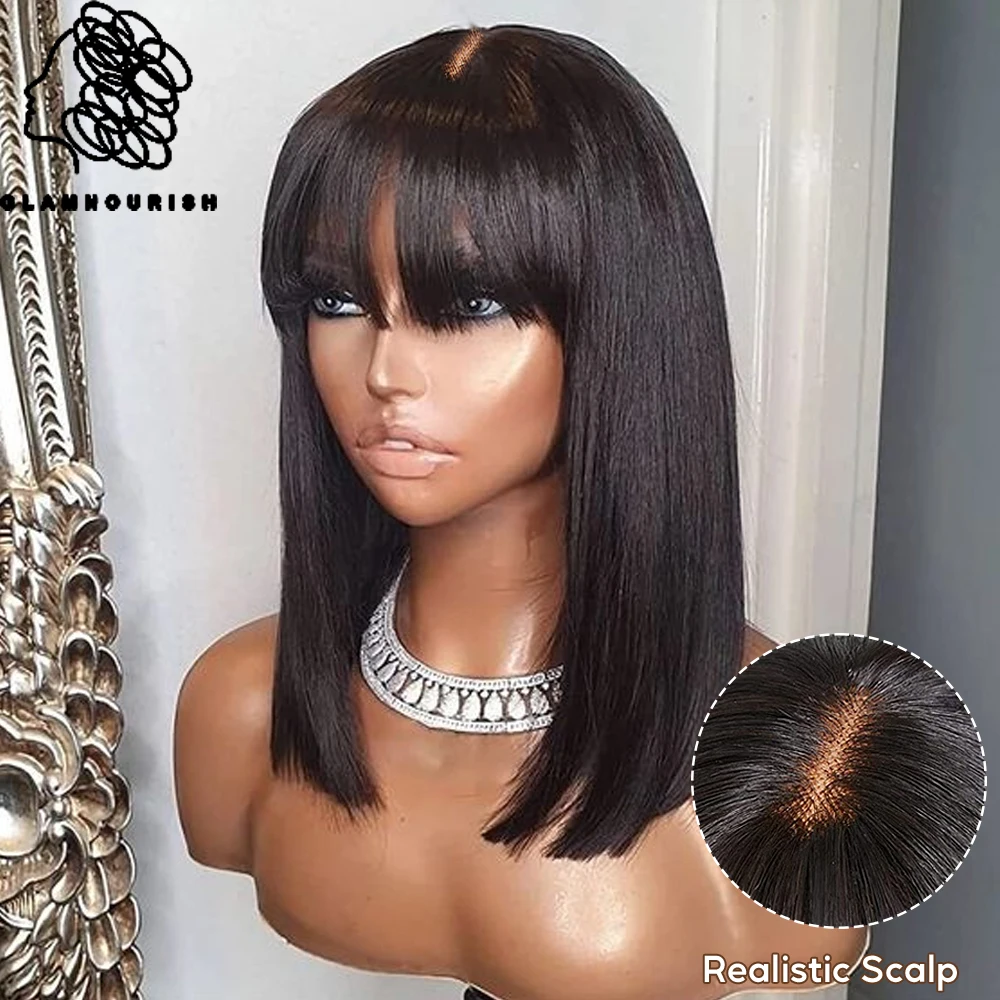 

Bone Straight Short Bob Wig With Bangs Brazilian Remy Hair Lace Middle Part Wig 100% Human Hair For Black Women Cheap Wigs