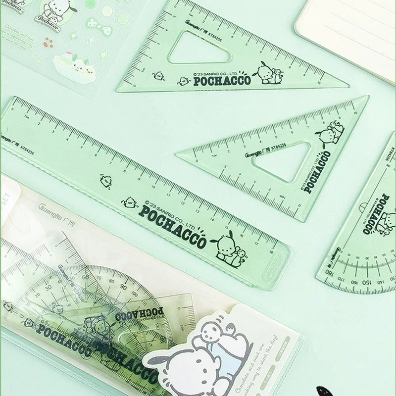 4pcs Sanrio Pochacco Straight Ruler Kawaii Multifunctional Combination Ruler Triangle Protractor School Drawing Stationery Set
