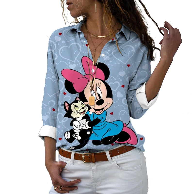 Women's Street Style Autumn Harajuku Long Sleeve Shirt Mickey Minnie Cartoon 3D Printing Ladies Lapel Single Breasted Shirt y2k