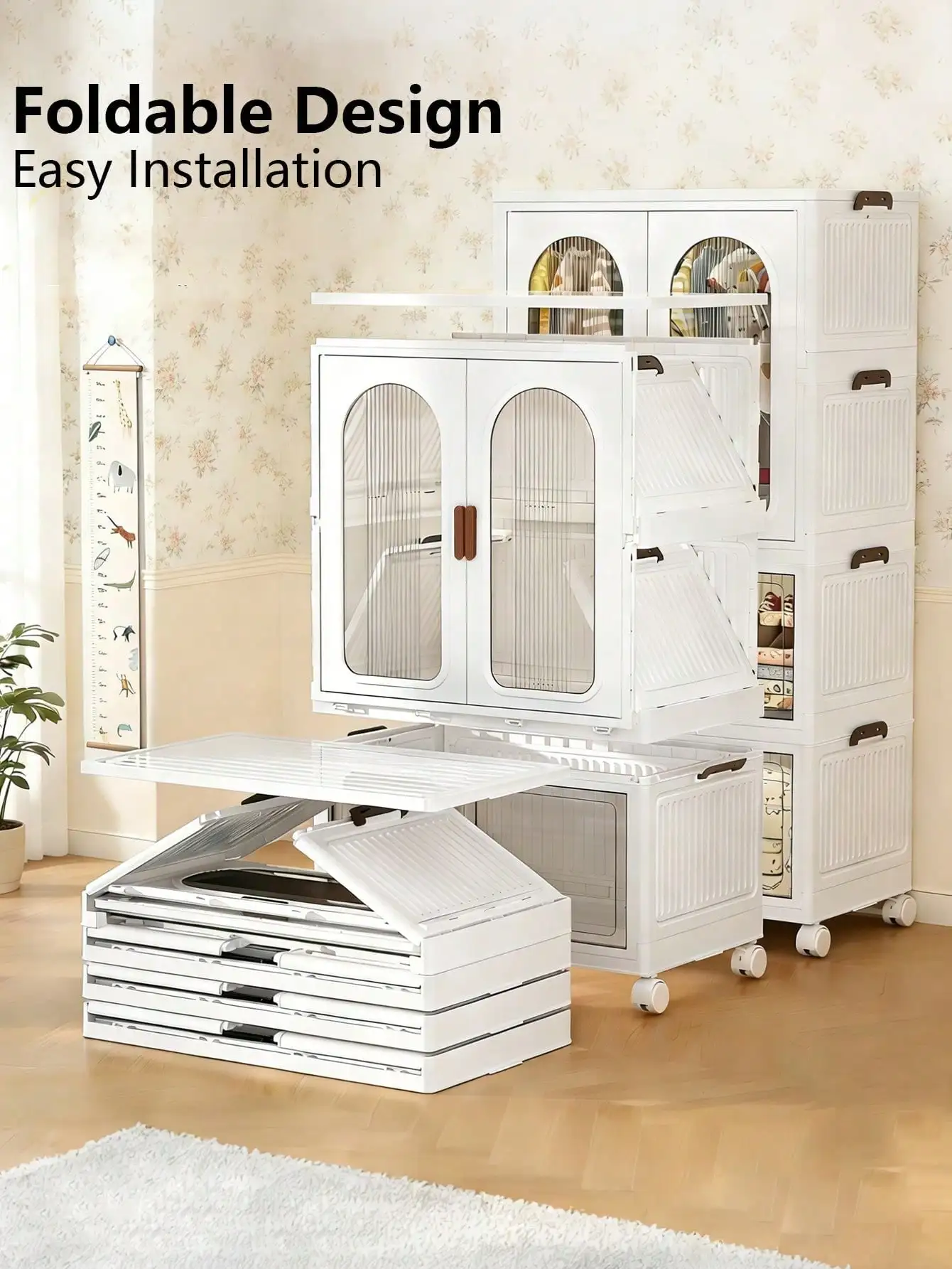 70cm 27.55 Inch Large Foldable Wardrobe Storage Box White Plastic Stackable Storage Bins With Wheels Clear Front Doors Collapsible Hanging Clothing Cabinet For Bedroom Closet Storage Gift view 5