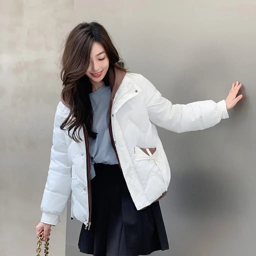 한국 스타일 후드 숏 코튼 패딩 재킷 여성용 두꺼운 따뜻한 루즈핏 페이크 투피스 스타일 학생 친화적