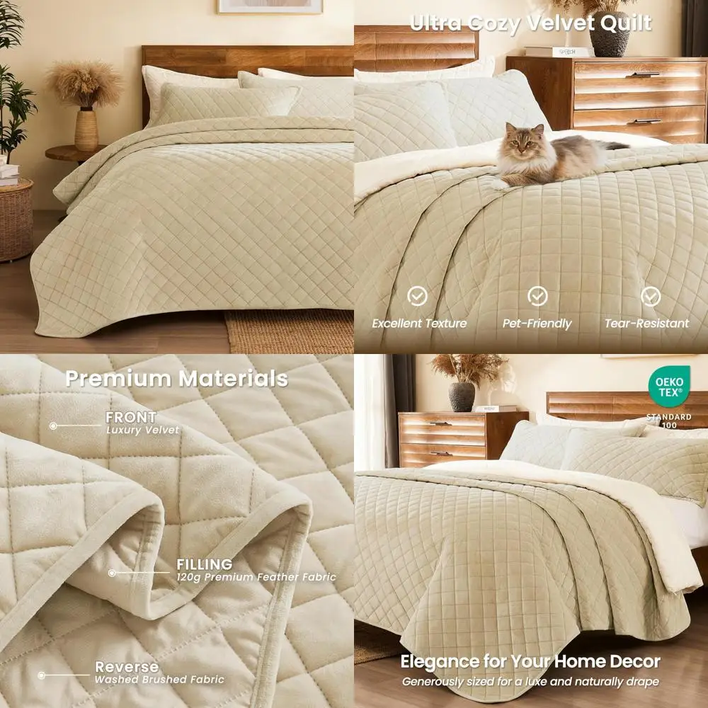 

King Size Velvet Quilt Set: 3-Piece Reversible Luxury Comforter with Oversized Lightweight Bedspread