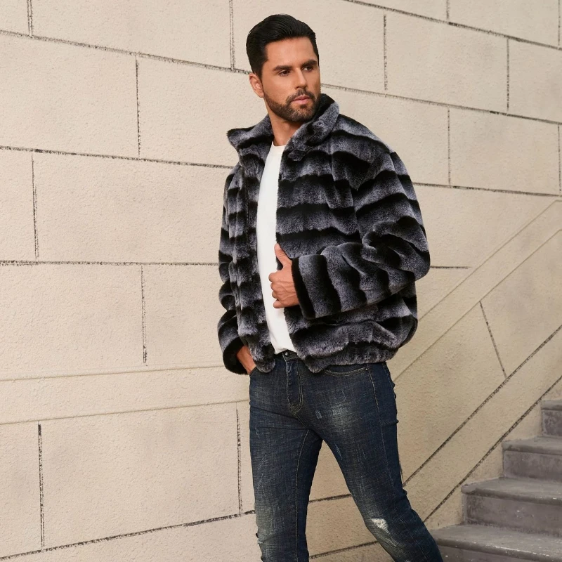 Men Fur Coat Winter Bomber Jacket Rabbit Fur Coat Luxury High Quality Faux Fur Jacket Zip Outerwear Stripe Short Tops Trendy New