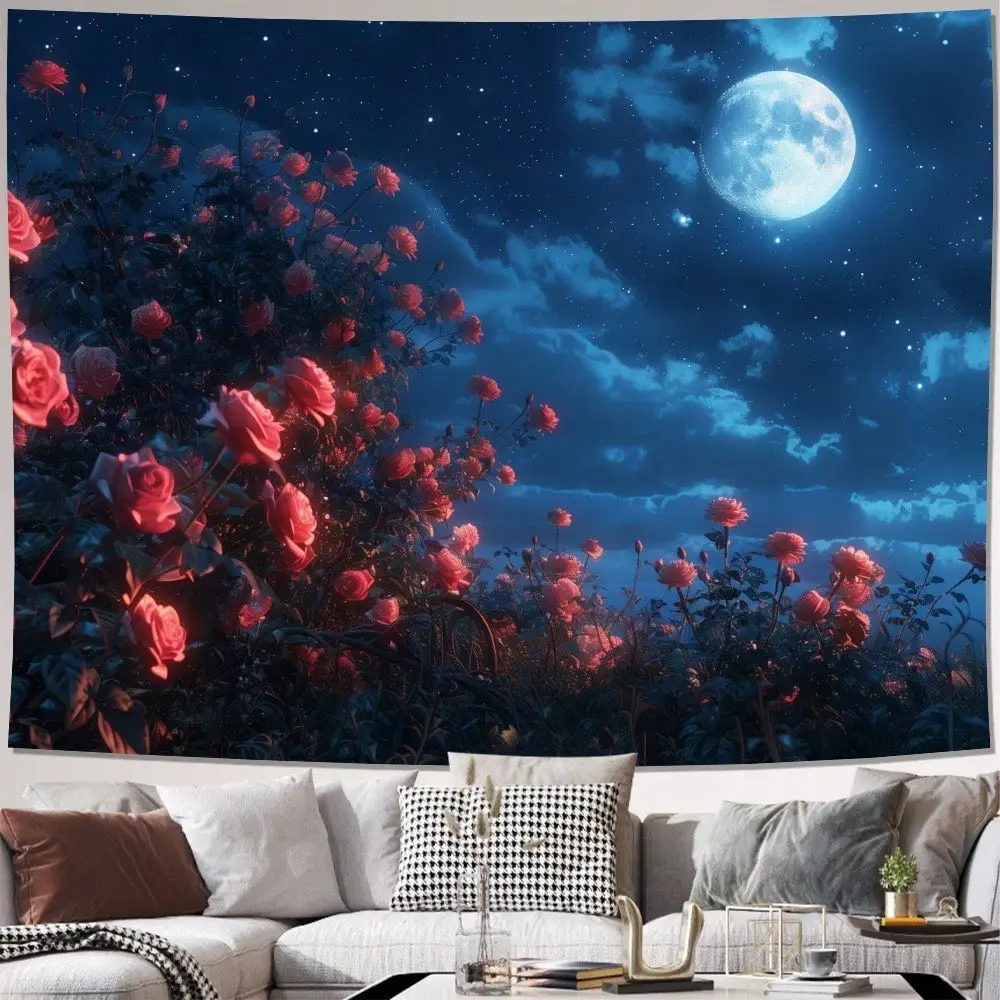 1pc Rose Tapestry Full Moon Night Sky Wall Hanging Floral Fantasy Living Room Bedroom Decor Back-to-school season Autumn gifts