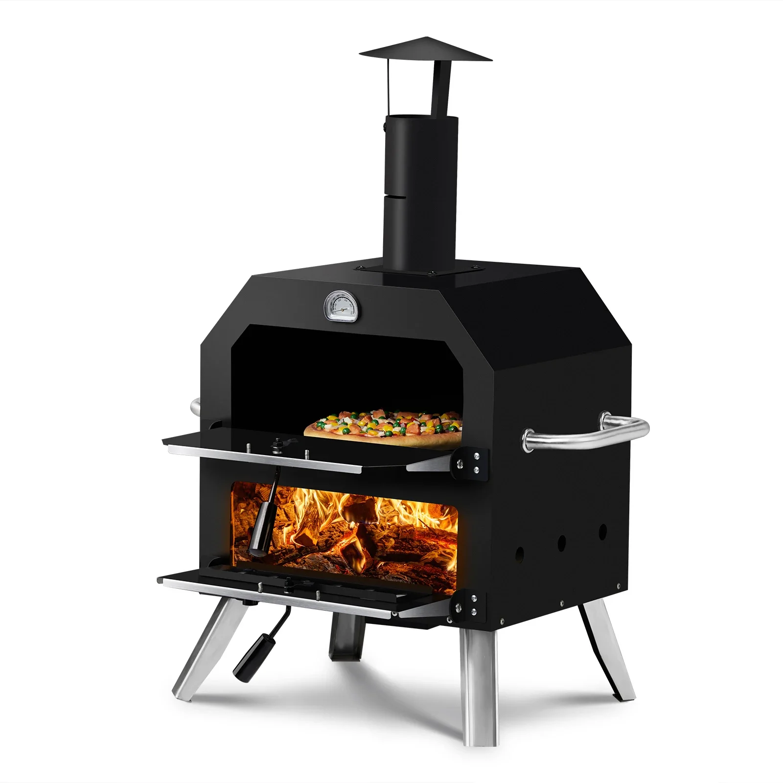 Outdoor Pizza Oven Wood Fired 2-Tier Pizza Oven Outdoor Pizza Maker with Stones, Removable Cooking Rack for Camping Backyard BBQ