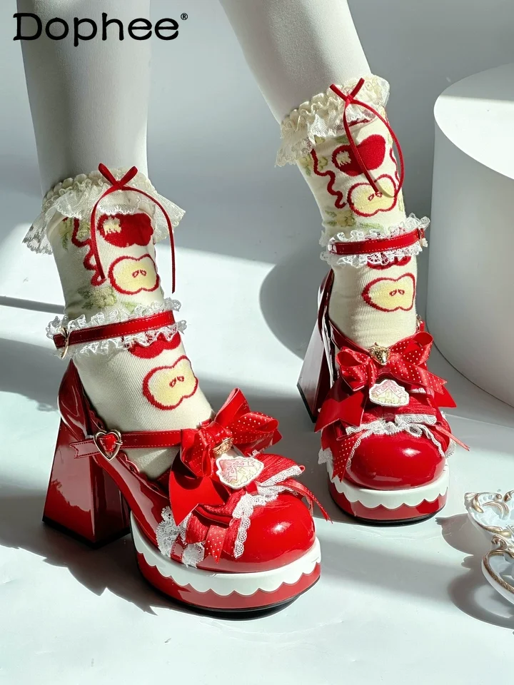 

Original Lolita Red Strawberry Shoes Spring and Summer New Cute Girls Sweet Elegance Lo Mary Jane Shoes Women's High Heels Pumps