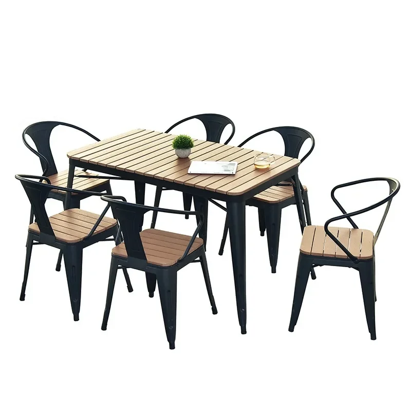 American coffee shop outdoor rest sun protection plastic wood outdoor table and chair combination