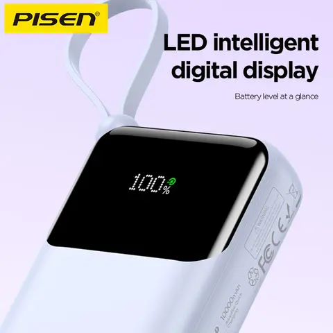 PISEN PD22.5W carga rápida Mini banco de energía portátil 10000mAh Cables duales incorporados tipo C carga simultánea de cuatro dispositivos