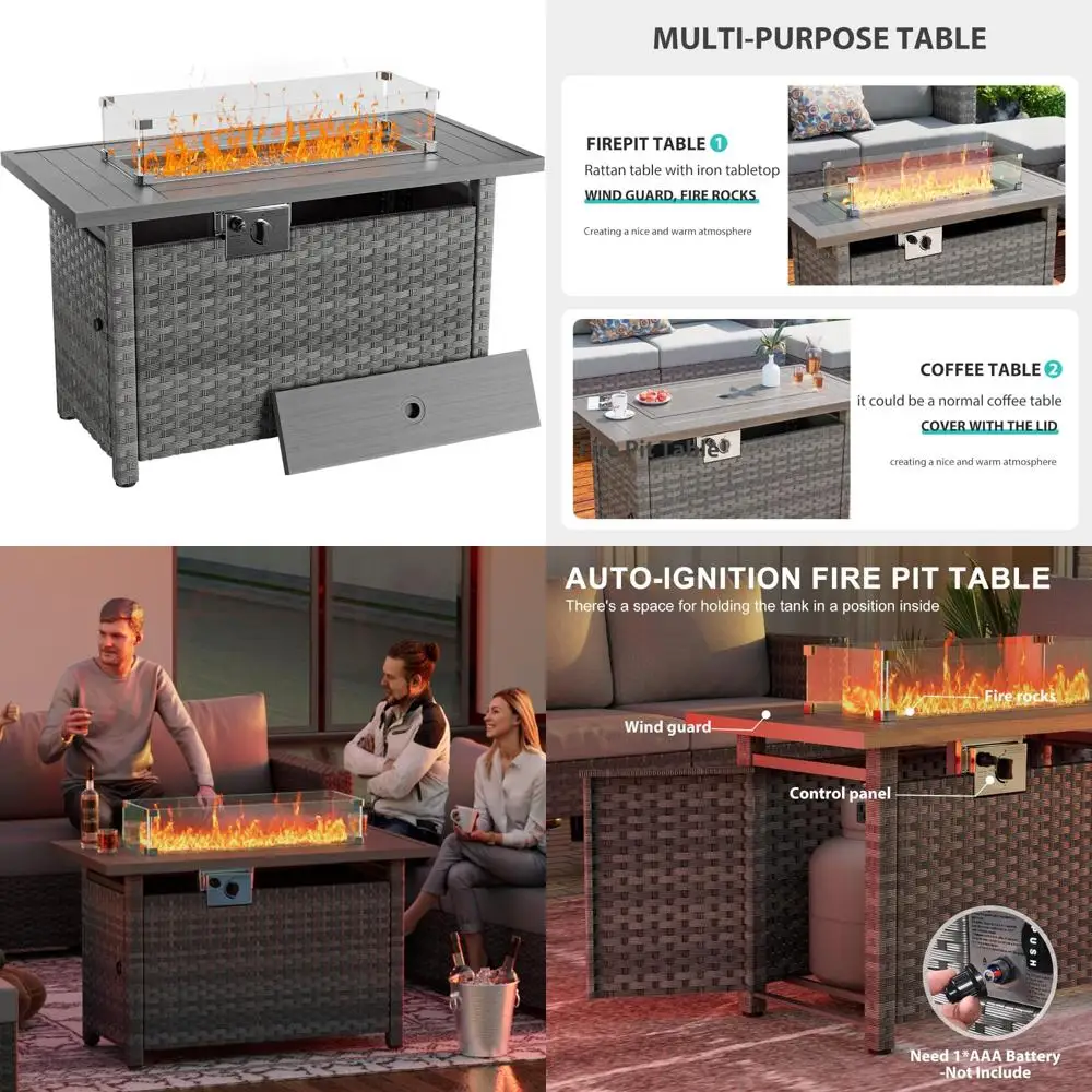 

44 Fire Pit Table with Wind Guard for Outdoor, Auto-Ignition Propane Gas Firepits Rattan Rectangular Table for Outside Patio 60,