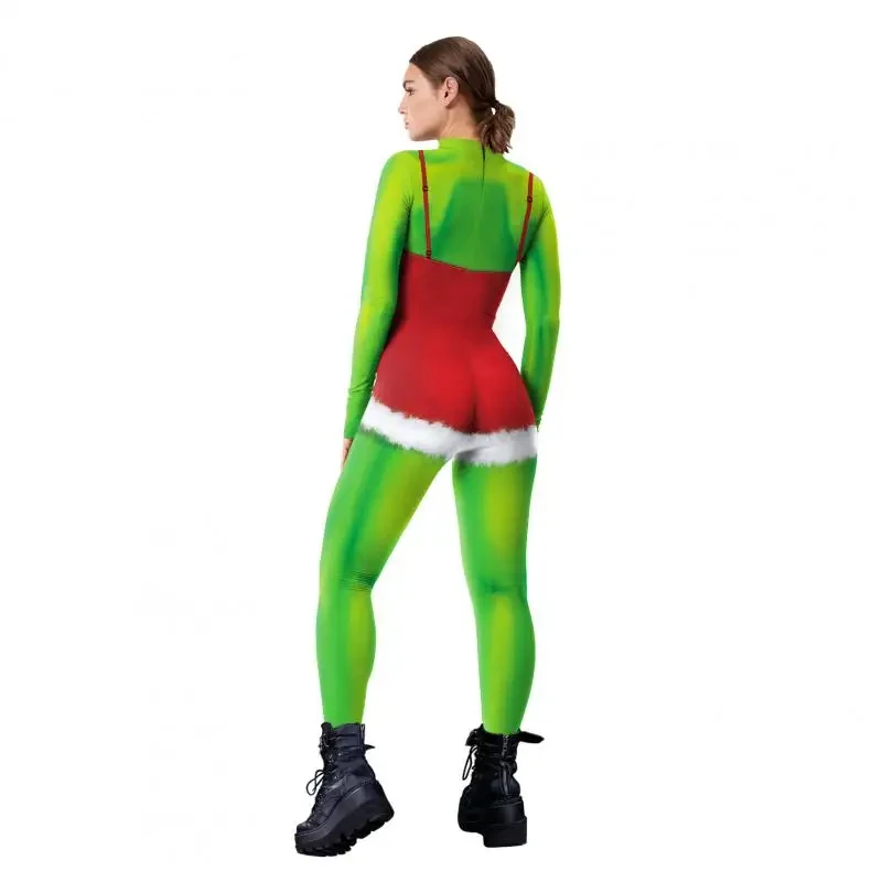 Cosplay Groene Kerel Patroon Kostuum Kerst Vrouwen Jumpsuit 3d Print Xmas Feestkleding Zentai Pak Vakantie Sexy Catsuit 2024