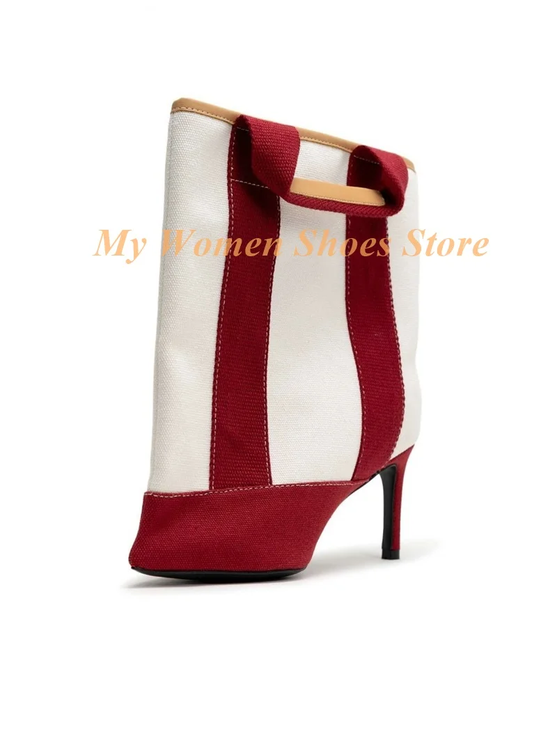 

Bag Style Ankle Booties Stiletto Thin High Heel Red White Stripe Slip On Runway 2026 Winter Autumn Women Dress Shoes