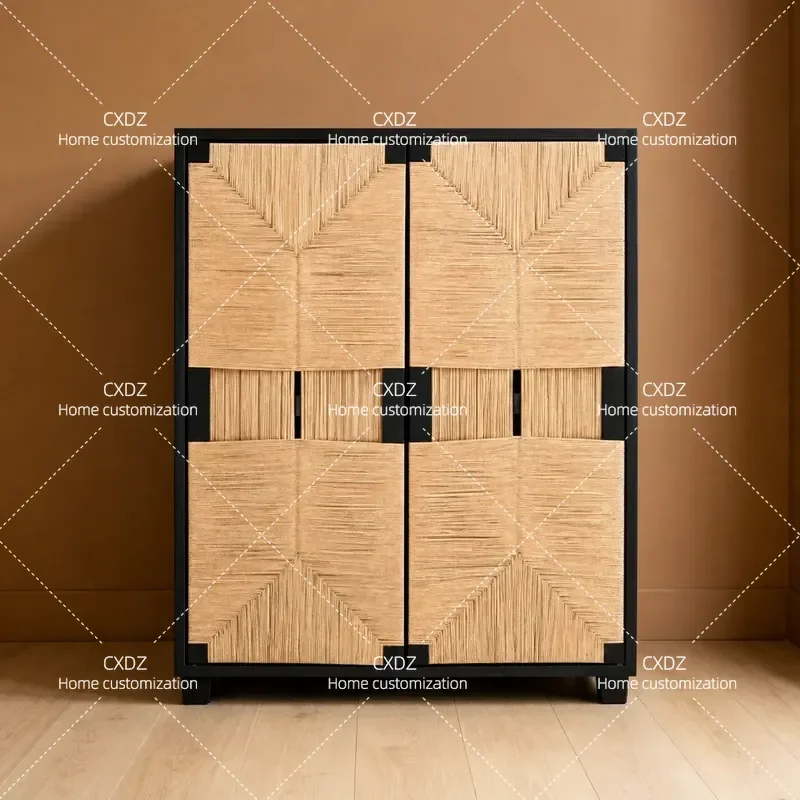 Rattan Chest Medieval Woven Solid Wood Dining Side Cabinet Black Porch Storage Cabinet Double Door Cupboard for Home Entryway