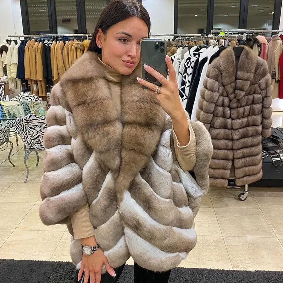 Fashion Women Real Rex Rabbit Fur Coat Luxury Chinchilla Fox Fur Shawl Collar Overcoat Winter Female Elegant Warm Thick Outwear