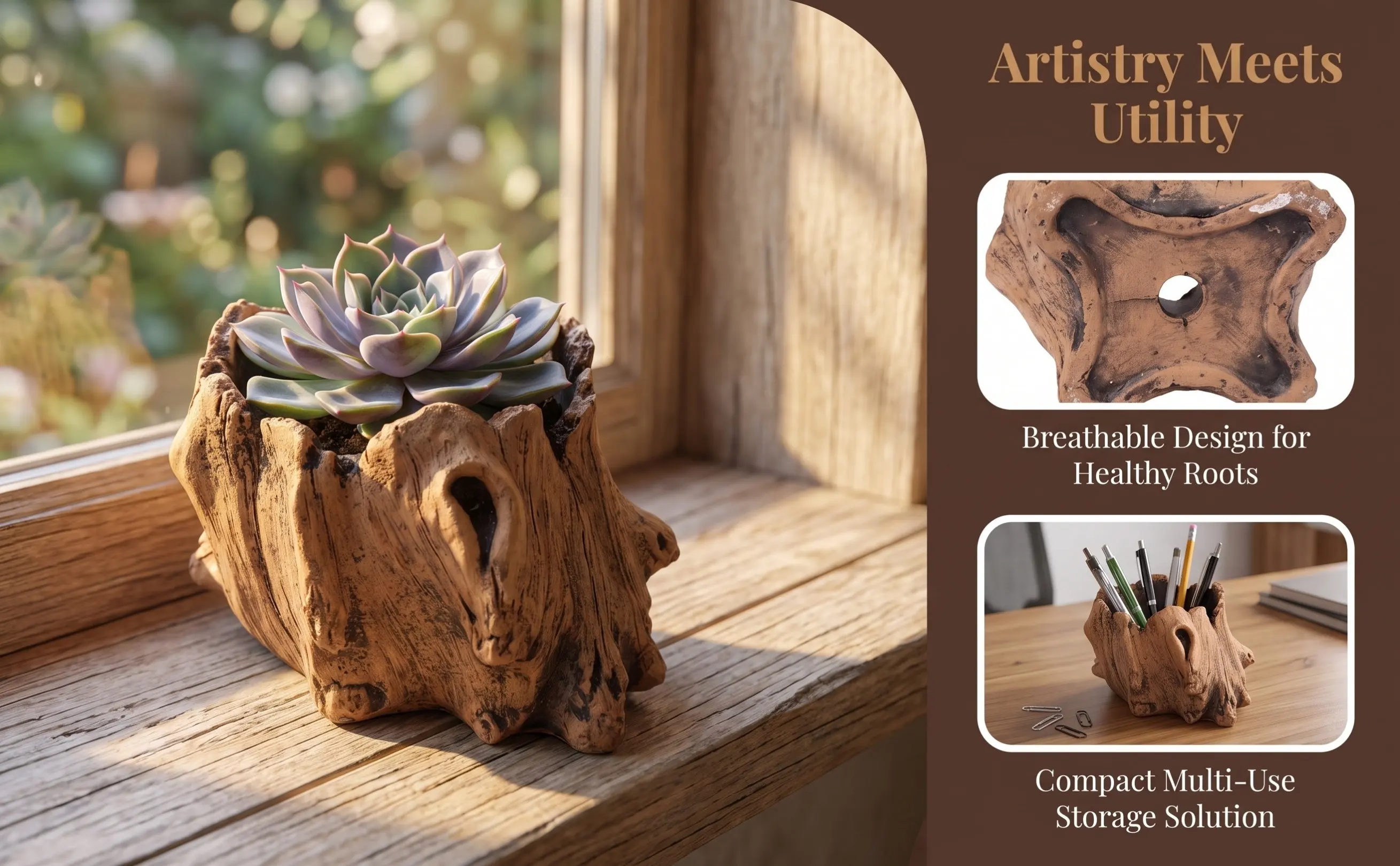Imitation Stump Flower Pot Concrete Decorative Planter Retro Wooden Stump Design for Indoor Outdoor Garden Courtyard