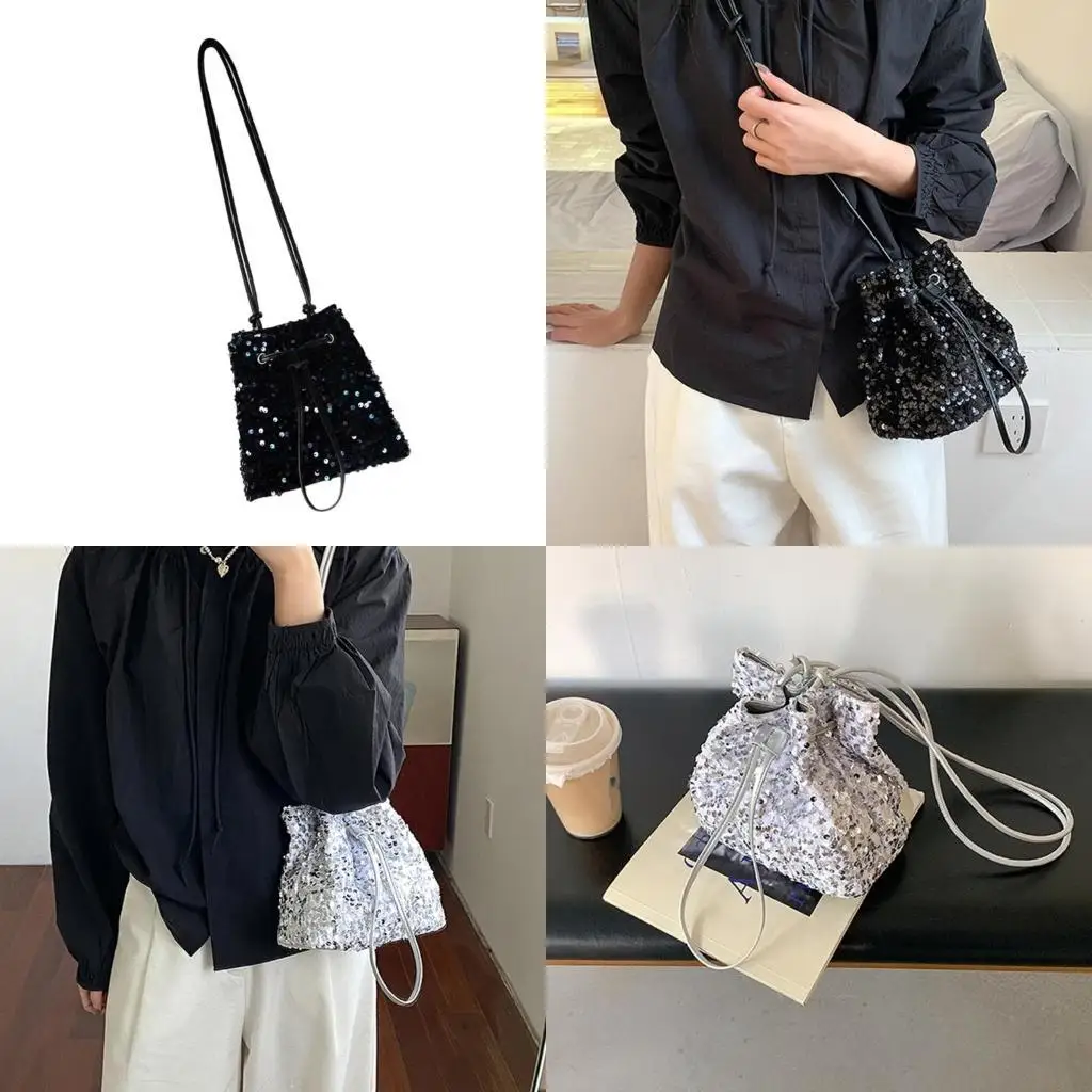 

D46D Sequins Bucket Bags Drawstring Crossbody Purse for Women Ladies Evening Bag Trendy Shoulder Bag Clutch Purse Handbag