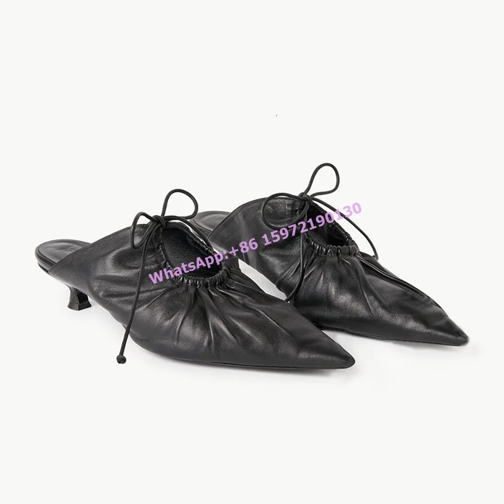 

Pleated Hollow Black Leather Slippers Pointy Toe Kitten Heels Slip On Retro Outdoor Shoes Women Summer Slingback Leisure Shoes