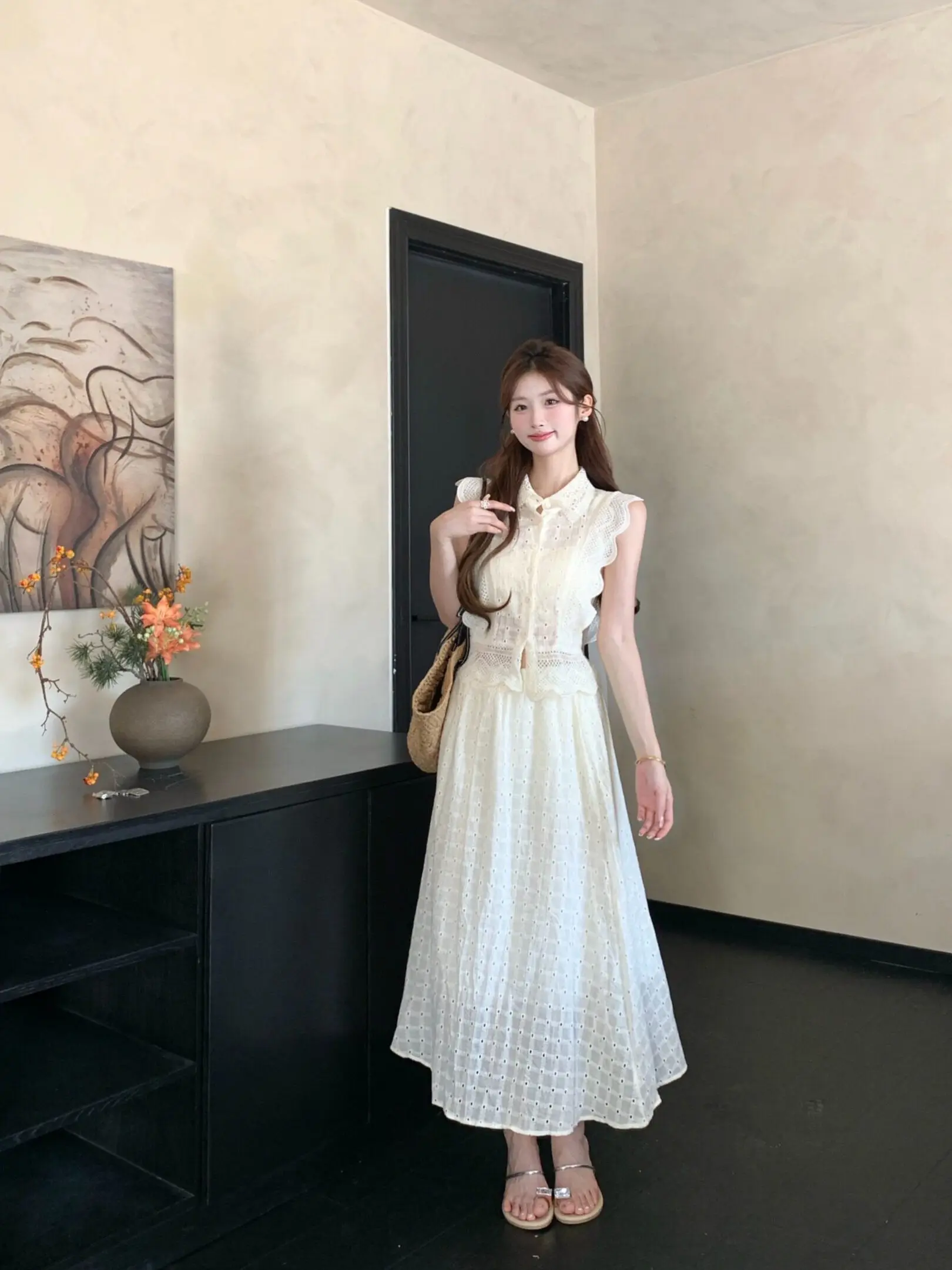 

Elegant Lace Hollow out Sleeveless Shirt Women's High Waist Skirt Long Dress Two Piece Set Spring Fashion Casual Wear