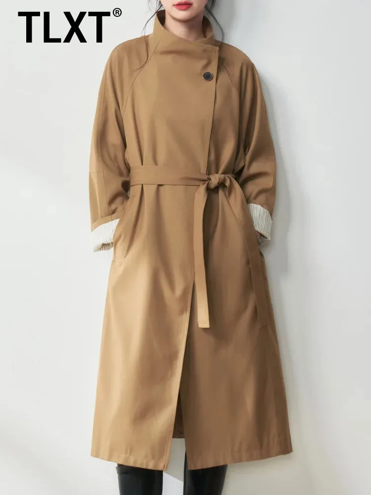 

TLXT Elegant Women's Long Trench Coat With Belted Waist Stand Collar Button Closure Elegant Lightweight Outerwear 2025 New