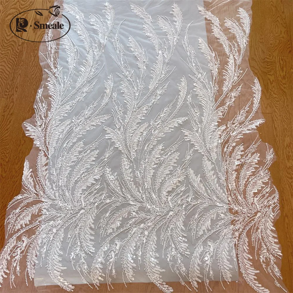 Weißes Fischschwanz-Kleidungs stück, Feder flügel, Perlen Porzellan, DIY Hochzeits kleid Stickerei, Spitzen zubehör, 130x30cm – Detail 7