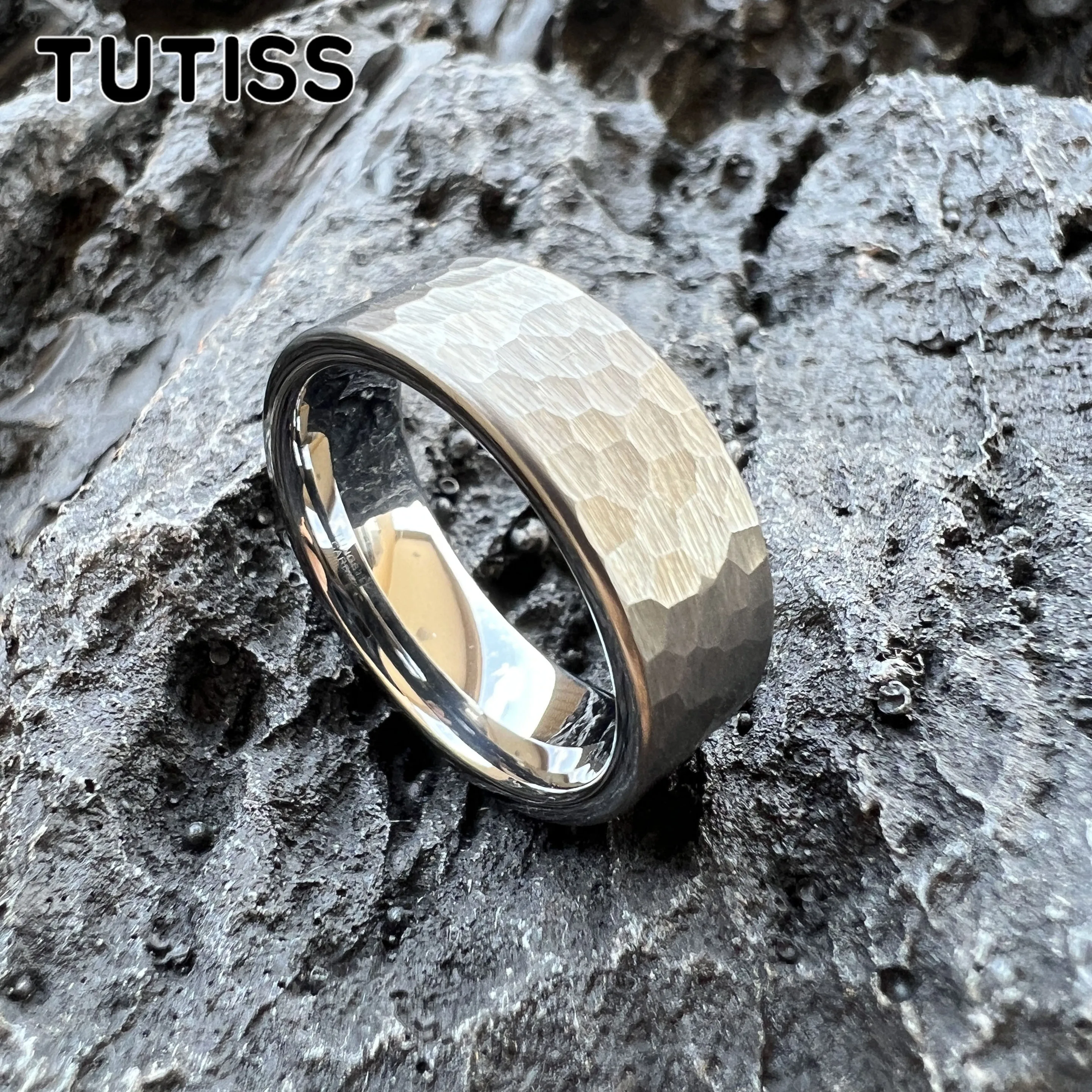 TUTISS 6/8mm Cool Black Hammer Ring Men Women Tungsten Engagement Wedding Band Pipe Cut Comfortable Fit